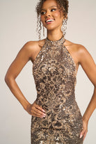 PS26324E Black Gold Silver Embellished Halter Gown