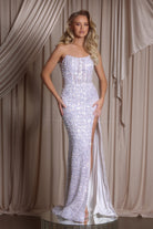 PS26400C White Sequin Gown with High Slit