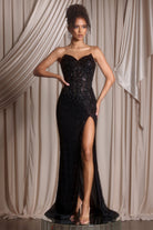 Black sequin gown with thigh slit