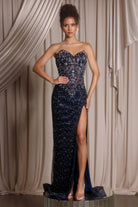 Navy embellished strapless gown with high slit