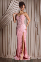 Pink strapless beaded gown with high slit (PS26402C)