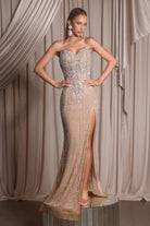 Silver and Gold Beaded Evening Gown with Thigh High Slit