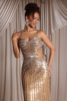 Gold sequin dress PS26405C on a woman