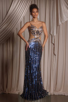 Navy and Gold Sequin Evening Gown