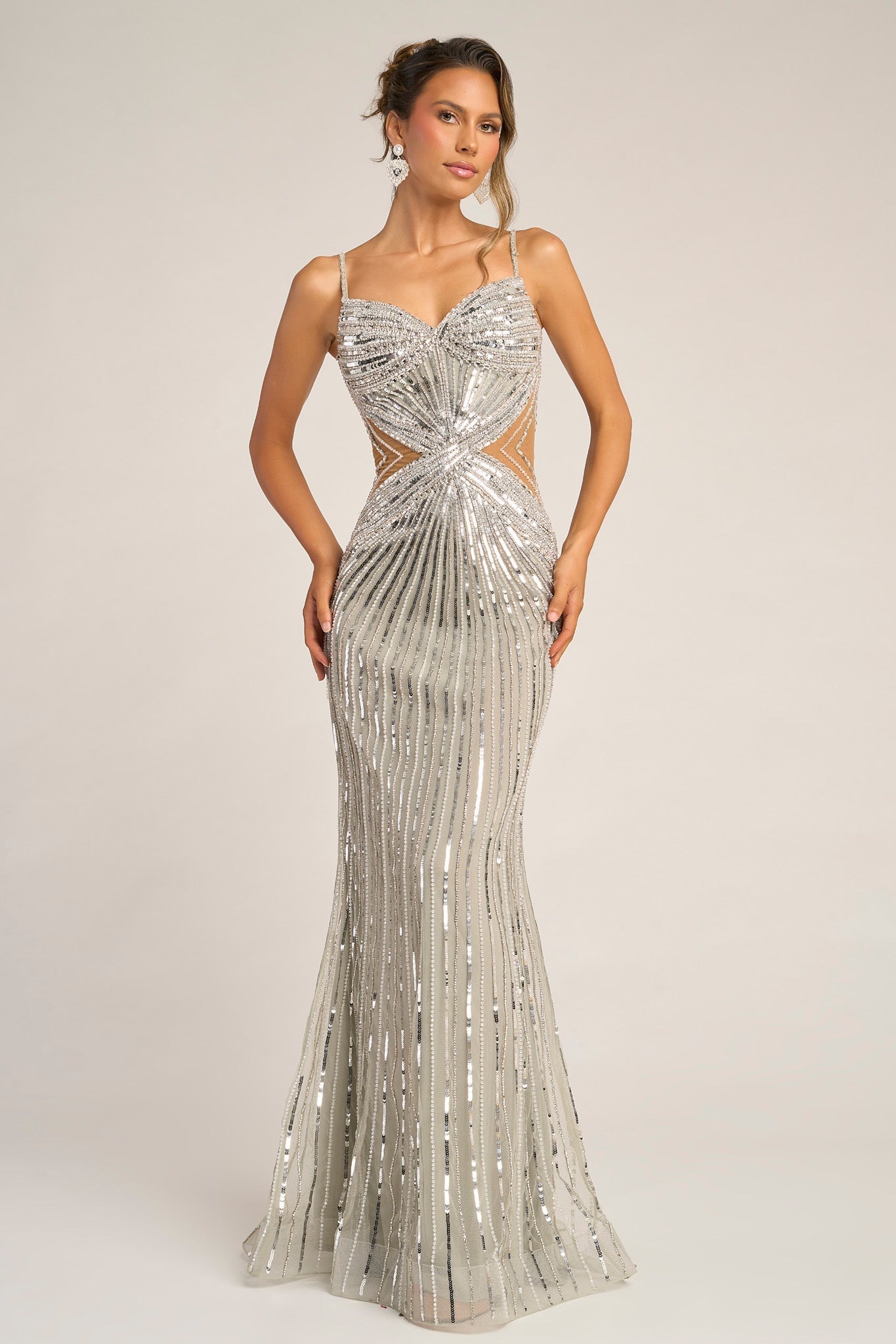 Silver beaded evening gown