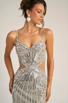Silver beaded evening gown
