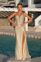 Ivory and gold beaded gown with high slit - PS26407C