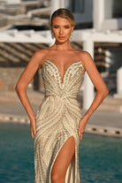 PS26407C Ivory Gold beaded gown with thigh slit