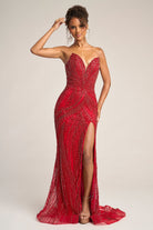 Red beaded formal gown with slit