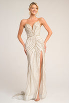 White gold strapless formal gown with high slit
