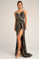 PS26412C Black Gold formal gown with high slit