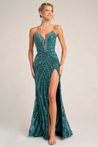 PS26418C Blue Sequin Gown with High Slit