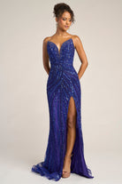 Royal blue sequin gown with high slit (PS26418C)