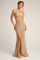 Nude beaded gown with high slit - PS26420C