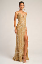 Gold sequin gown with high slit