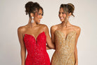 Two women in red and gold sequin gowns
