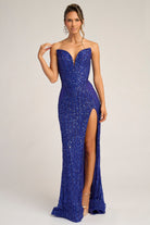 Royal blue sequin gown PS26424C with high slit