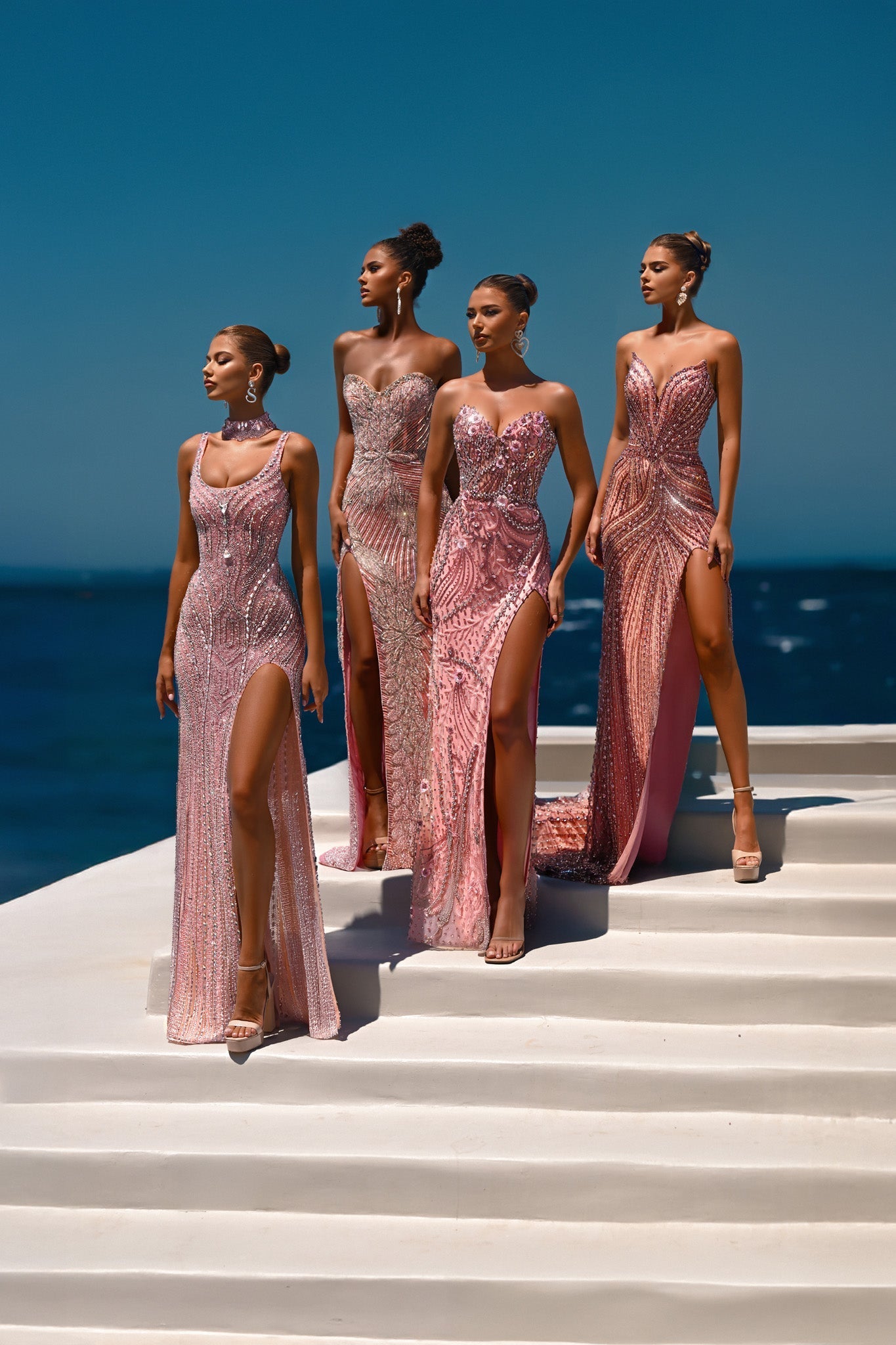 Pink silver formal dresses on models