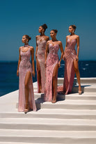 Pink silver formal dresses on models