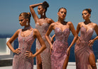 Women in pink and silver embellished gowns