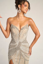 Nude, white & silver beaded gown, PS26448C