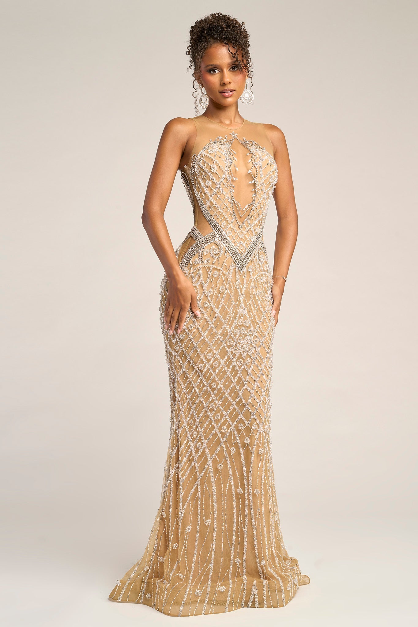 Nude Silver beaded gown PS26454C on model