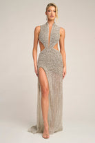 Silver beaded gown PS26988C with high slit