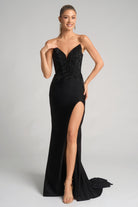 XO067 Black Strapless Gown with Leg Slit