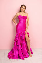 Fuchsia prom dress with tiered skirt and thigh slit