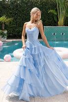 XO189 Blue Ruffle Prom Dress