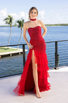 Red formal gown with high slit