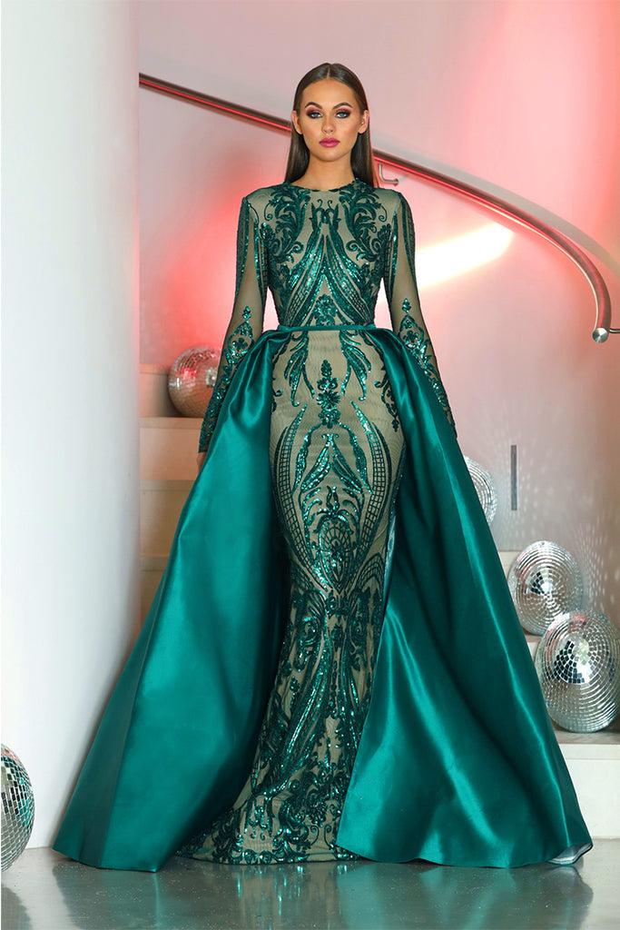 Jagged Plunging Neck Emerald Sequin Long-sleeve Prom Gown - Lunss